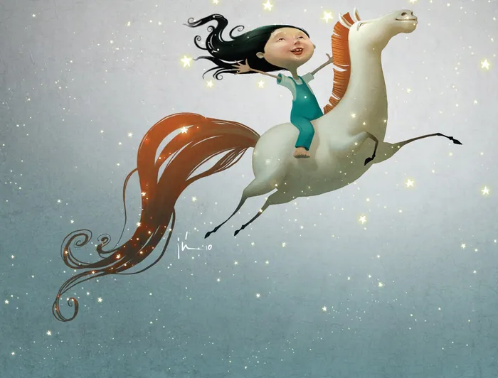Child happily riding a magical horse in the starry sky by Fernando Juarez