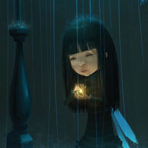 Girl holding glowing butterfly in rain by Fernando Juarez