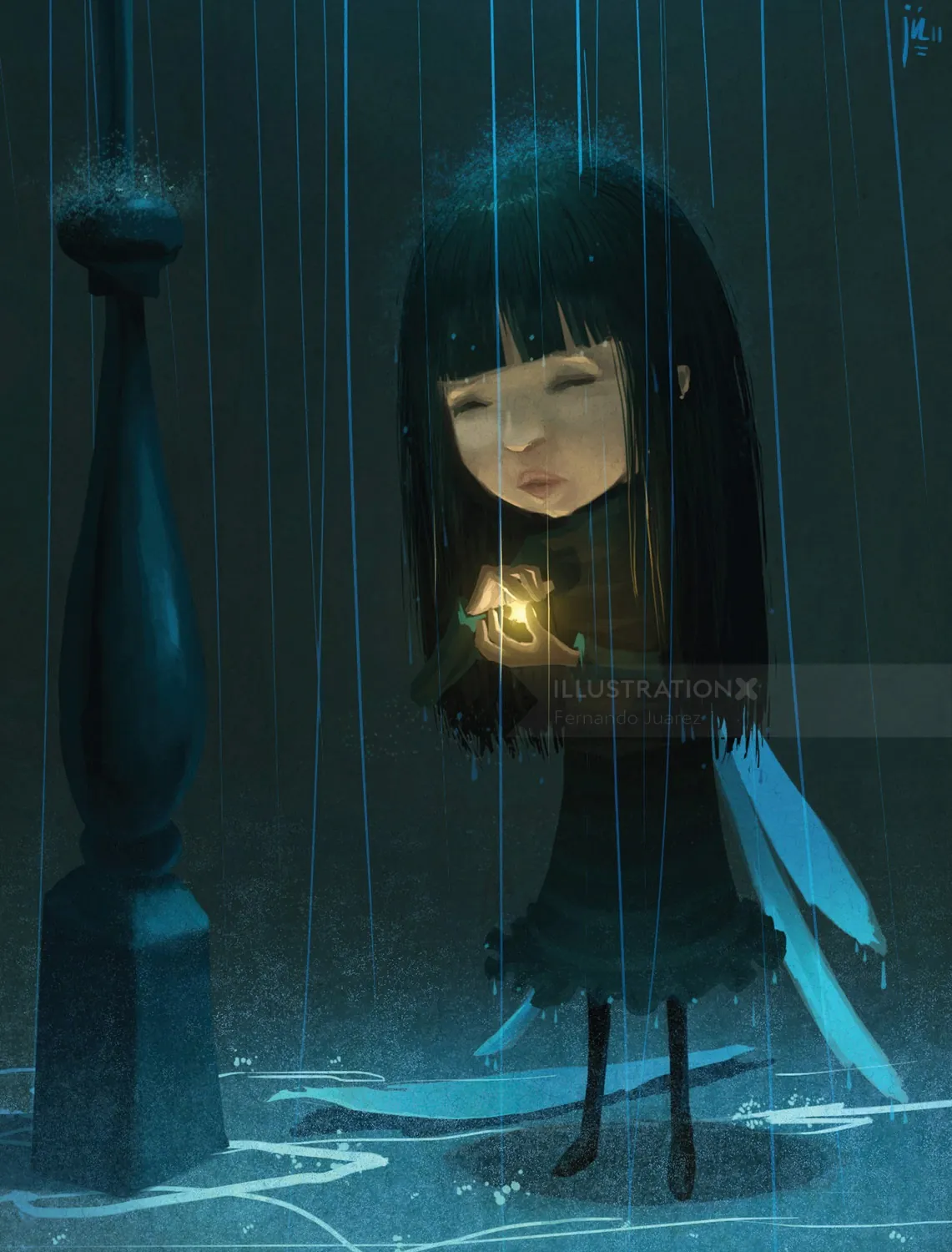 Girl holding glowing butterfly in rain by Fernando Juarez