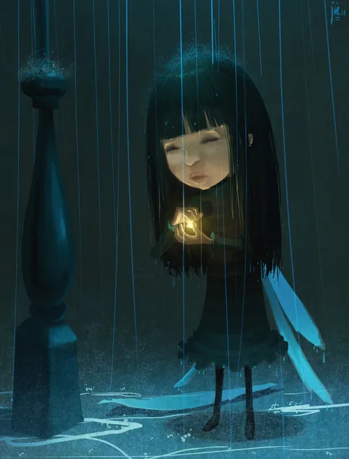 Girl holding glowing butterfly in rain by Fernando Juarez