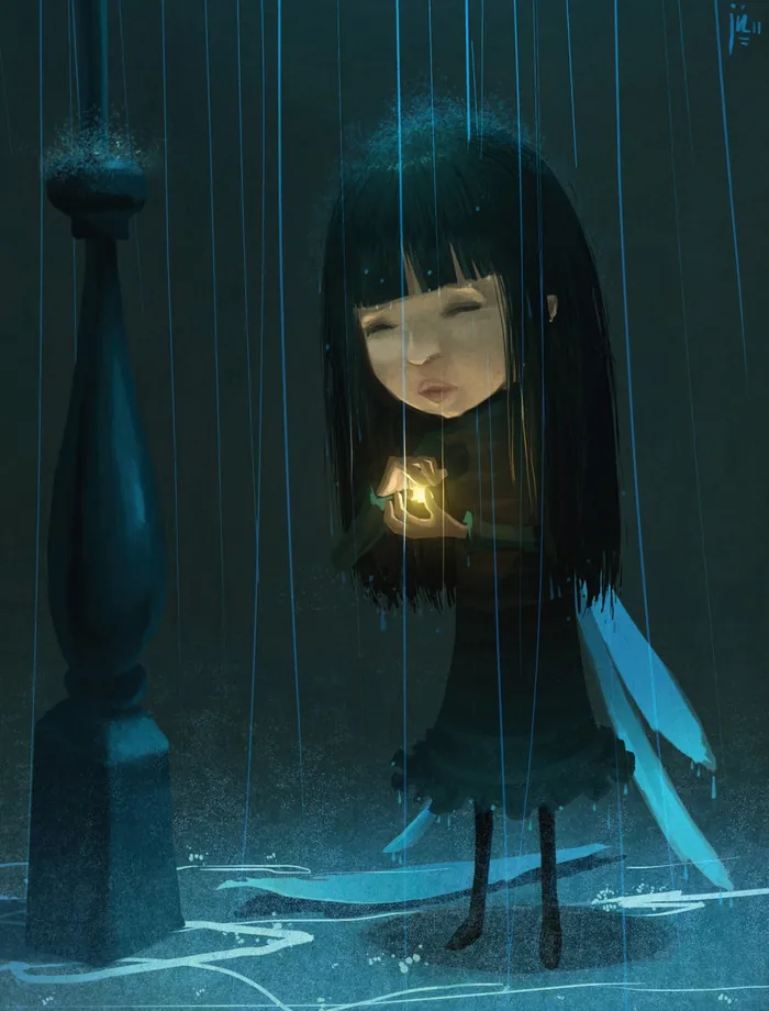 Girl holding glowing butterfly in rain by Fernando Juarez