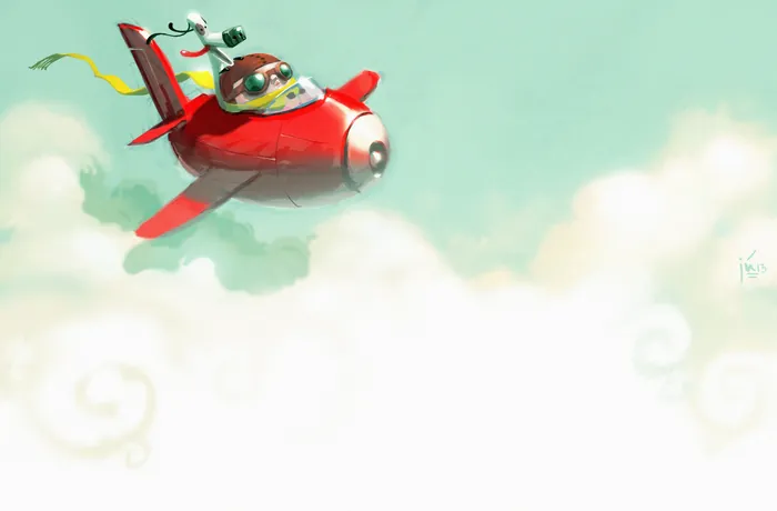Cat with goggles flying a small red airplane in the sky by Fernando Juarez