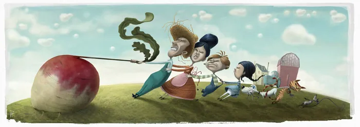 Illustration of children pulling a large red apple with a twisted vine by Fernando Juarez