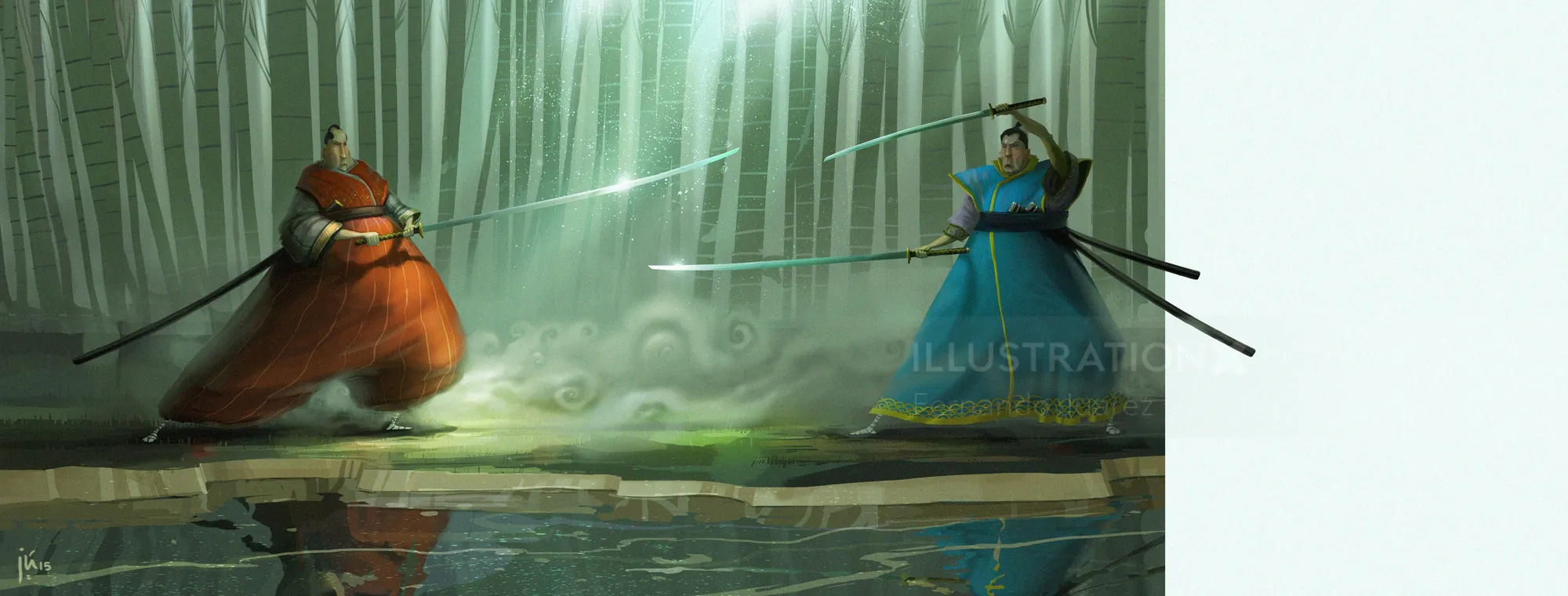 Two samurai swordsmen duel in bamboo forest scene by Fernando Juarez