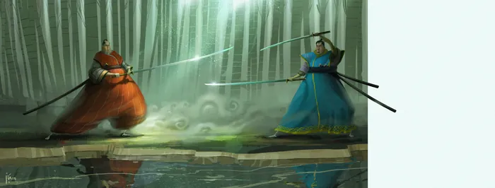 Two samurai swordsmen duel in bamboo forest scene by Fernando Juarez