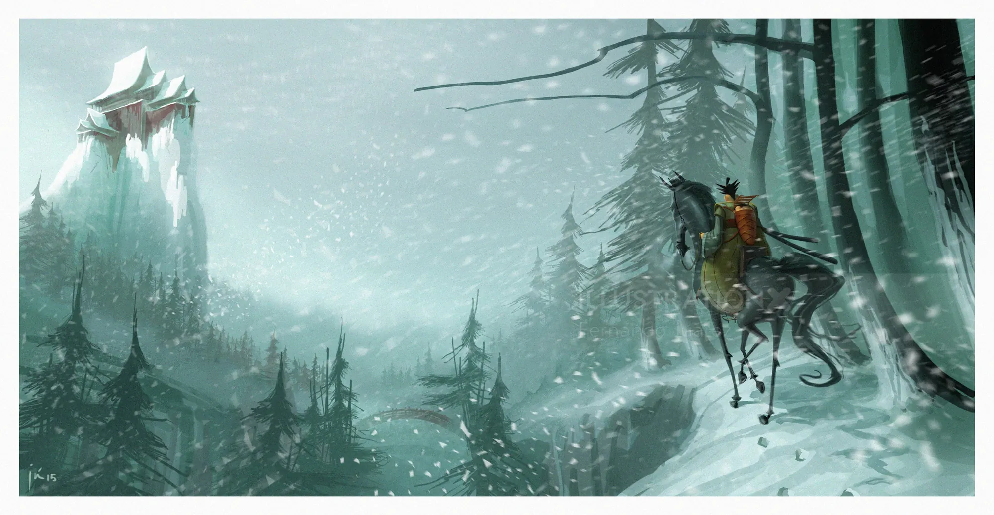 Knight riding horse through snowy forest with castle tower by Fernando Juarez