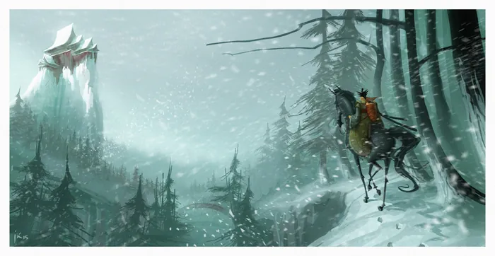 Knight riding horse through snowy forest with castle tower by Fernando Juarez
