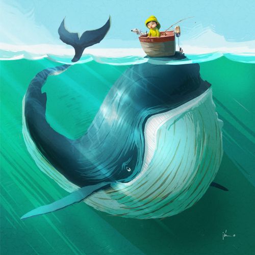 Whale swimming under a boat with fisherman holding a fishing rod by Fernando Juarez