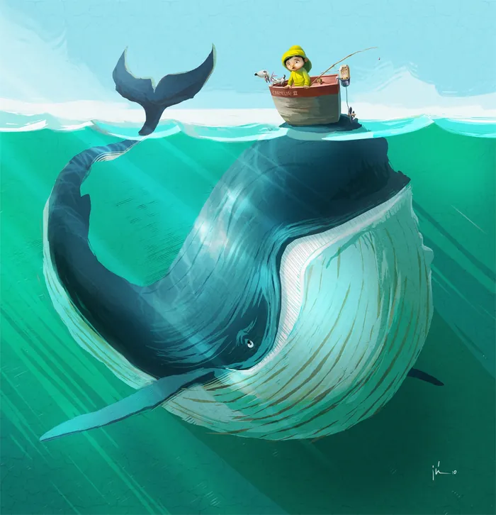 Whale swimming under a boat with fisherman holding a fishing rod by Fernando Juarez