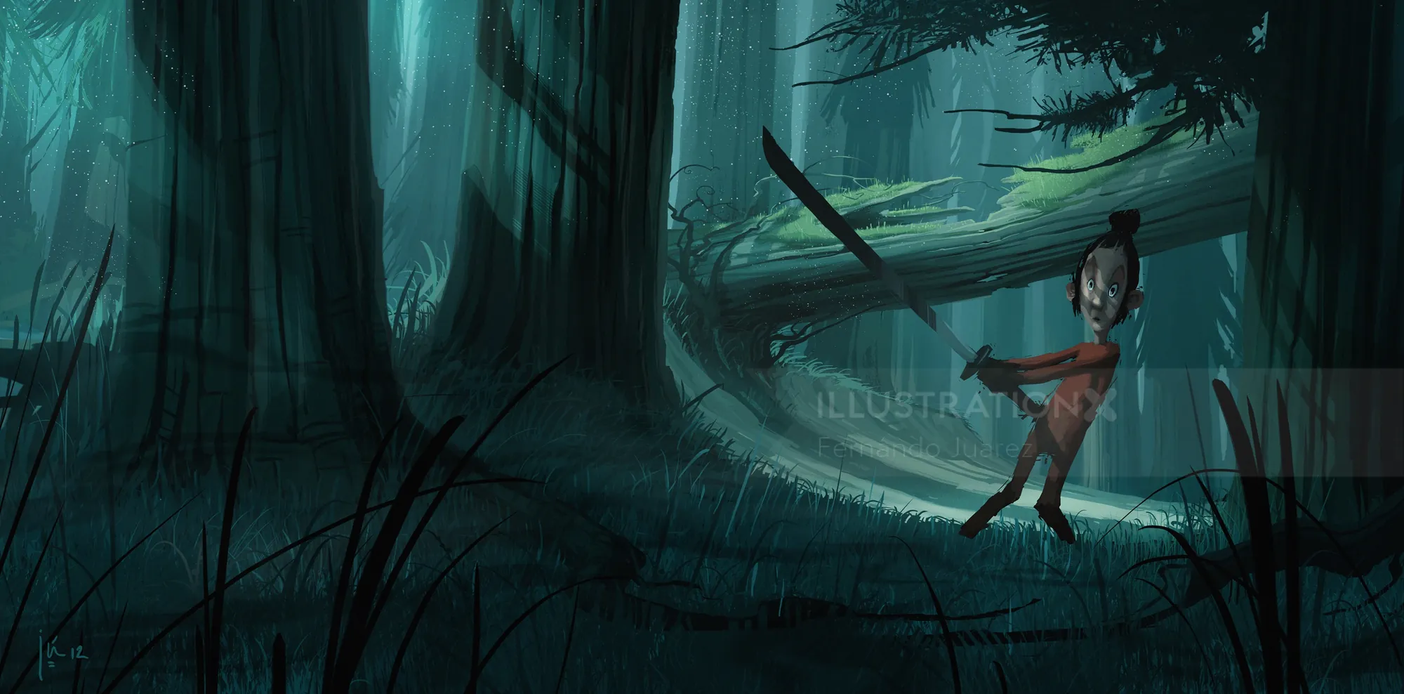 Child cautiously walking in a dark forest at night by Fernando Juarez