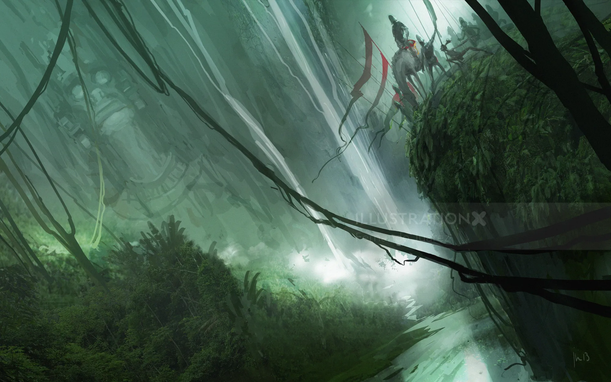 Two knights on horseback in a misty forest by a stream by Fernando Juarez