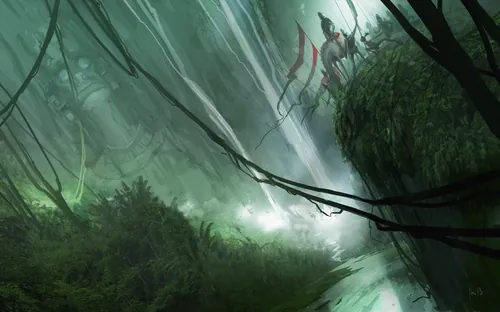 Two knights on horseback in a misty forest by a stream by Fernando Juarez