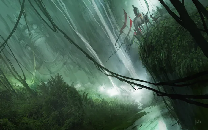 Two knights on horseback in a misty forest by a stream by Fernando Juarez