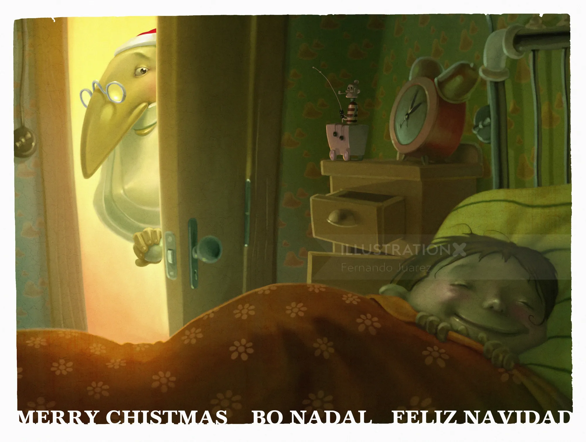 Child sleeping peacefully while Santa peeks through the door by Fernando Juarez