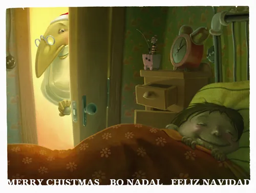 Child sleeping peacefully while Santa peeks through the door by Fernando Juarez