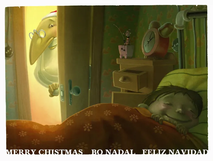 Child sleeping peacefully while Santa peeks through the door by Fernando Juarez