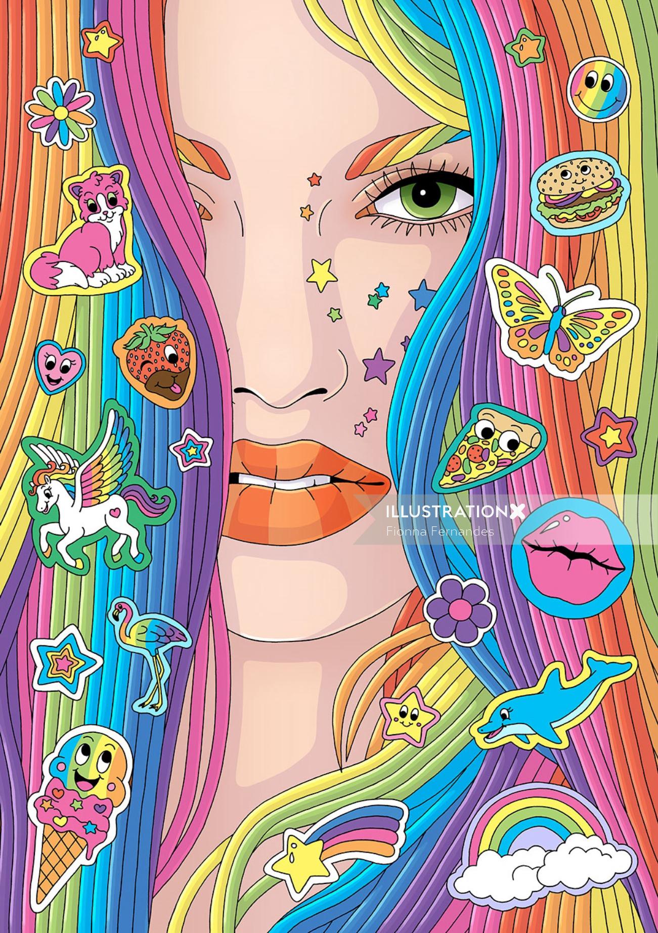 Retrato feminino com cabelo colorido arco-íris