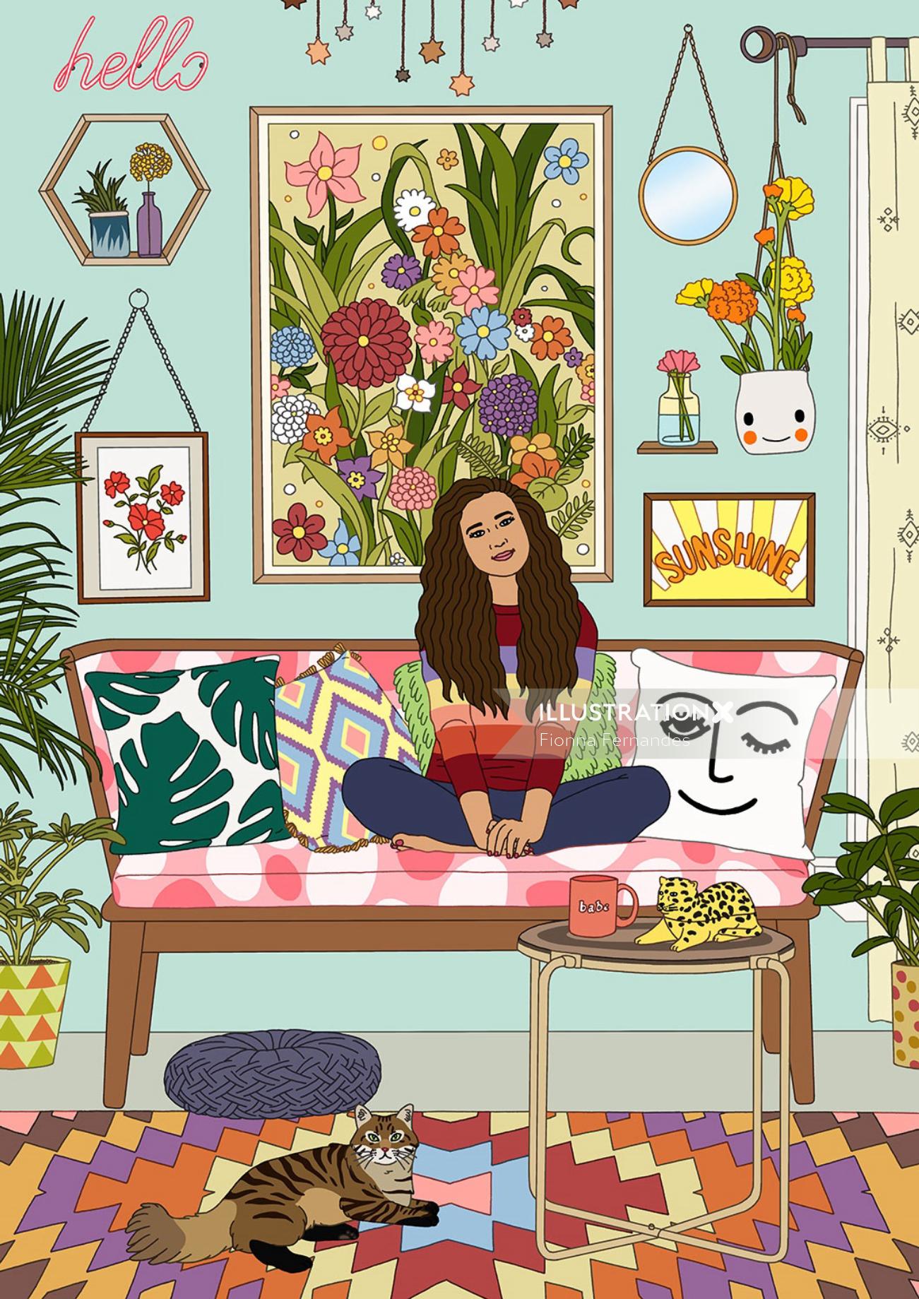 Uma ilustração da mulher relaxando em um sofá
