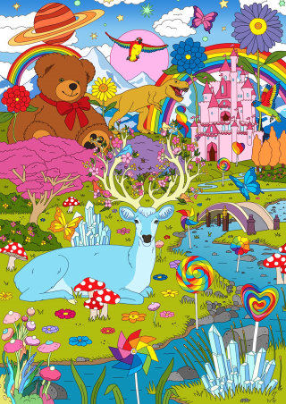 A charming fantasy world with giant creatures and candy