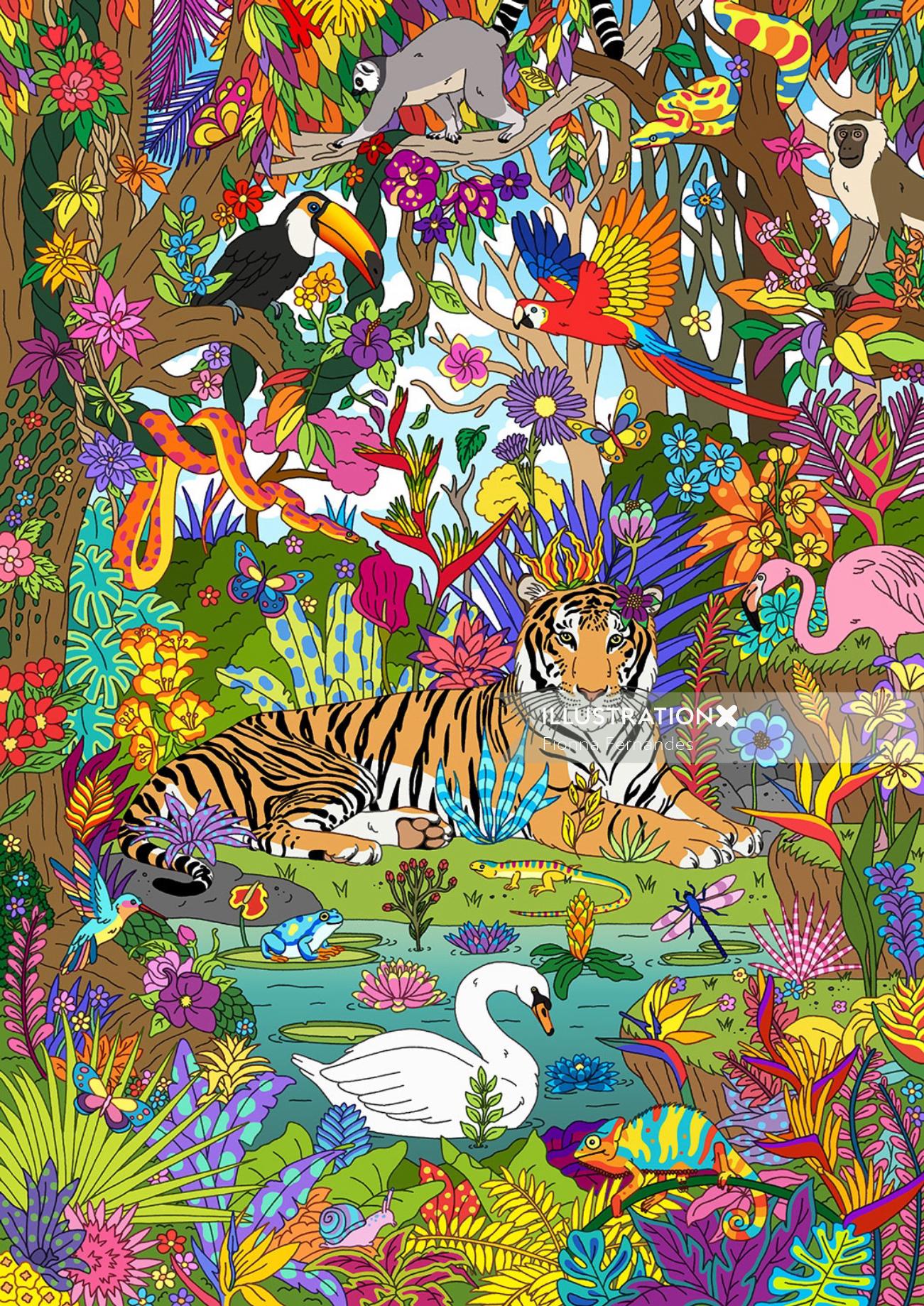 Paradis de la jungle avec des animaux et des oiseaux
