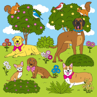 可爱绘画中的彩色宠物动物图案