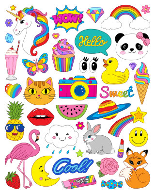 Collage of food and animal stickers for girls