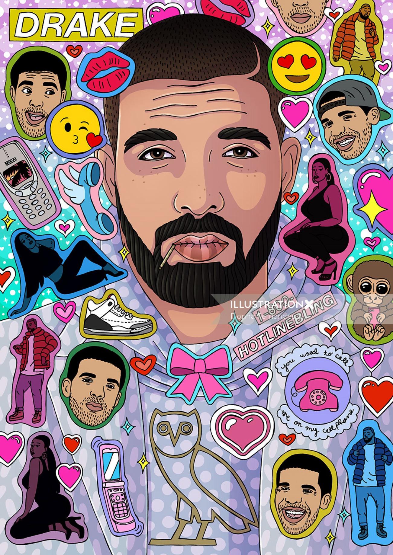 Ilustraciones del retrato de Drake del ilustrador basado en Sydney