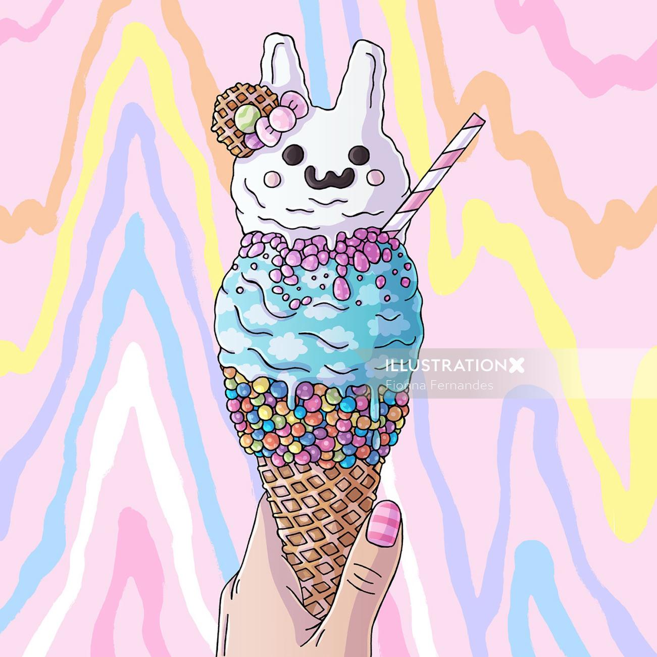 蓝色兔子冰淇淋丙烯酸画