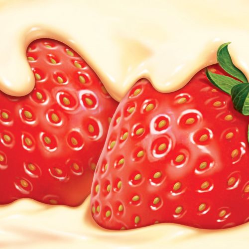 Photorealistic illustration of strawberries in cream