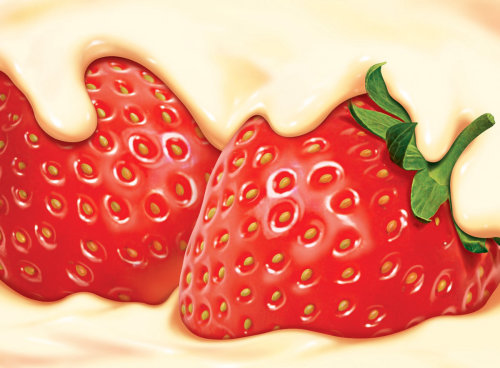 Photorealistic illustration of strawberries in cream