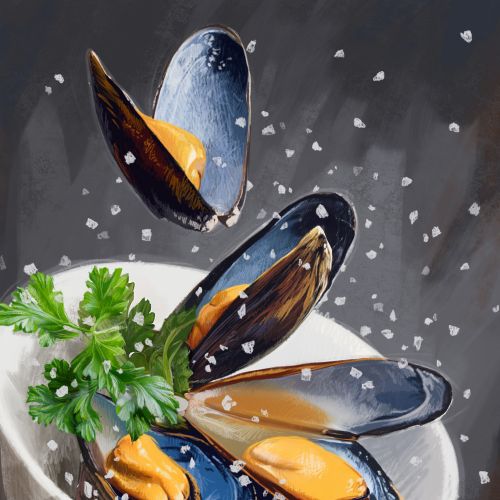 Mussels rendered in painterly brushstrokes