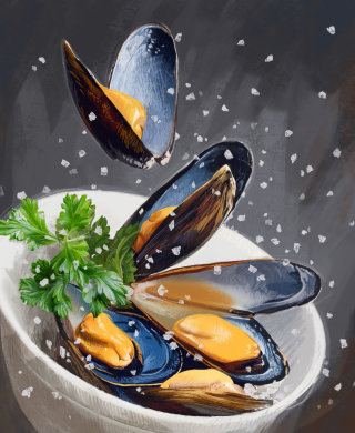 Mussels rendered in painterly brushstrokes