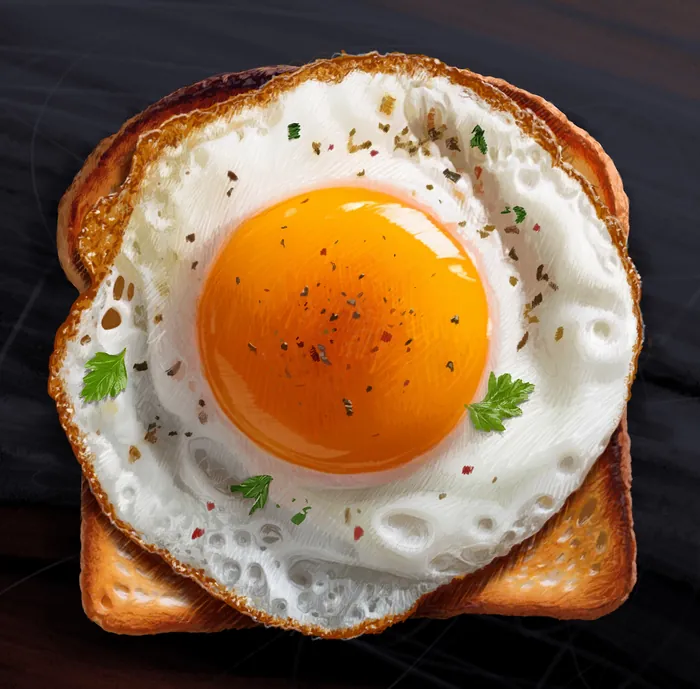 Fried egg with herbs on toasted bread