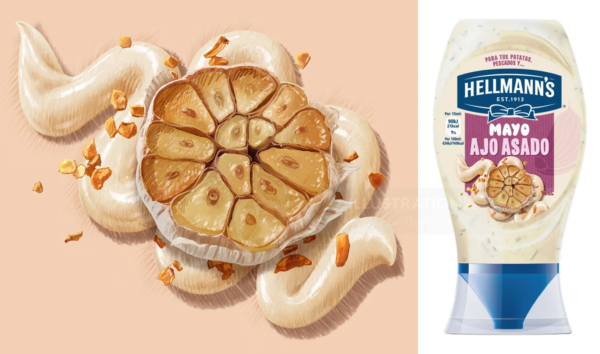 Hellmann's Spanish flavored mayo with roasted garlic and mayo swirls
