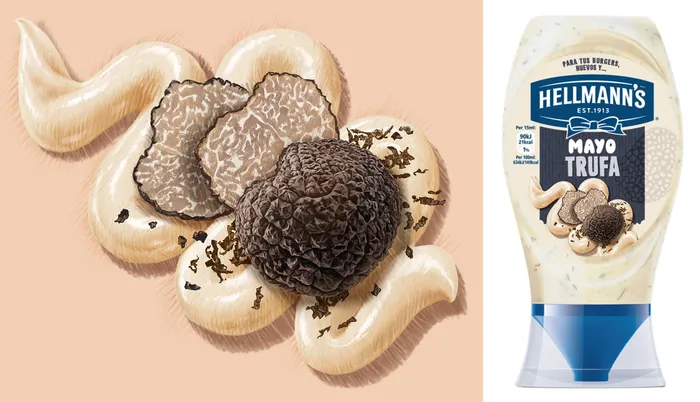 Hellmann's Truffle Mayo bottle with truffle and mayo swirls illustration