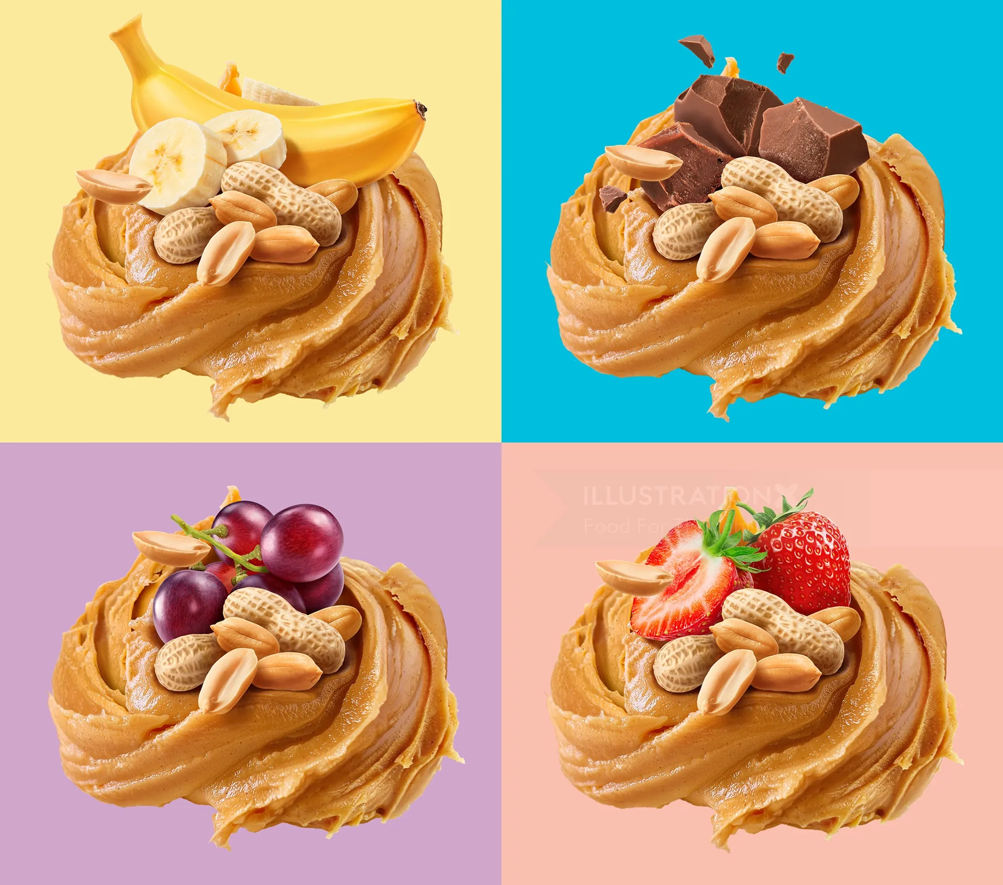 Peanut butter swirls topped with banana, chocolate, grapes, and strawberry