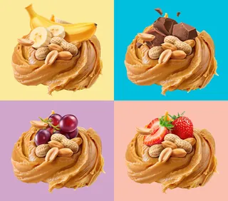 Peanut butter swirls topped with banana, chocolate, grapes, and strawberry