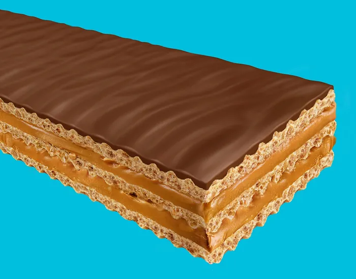 Chocolate coated peanut butter wafer with layered texture