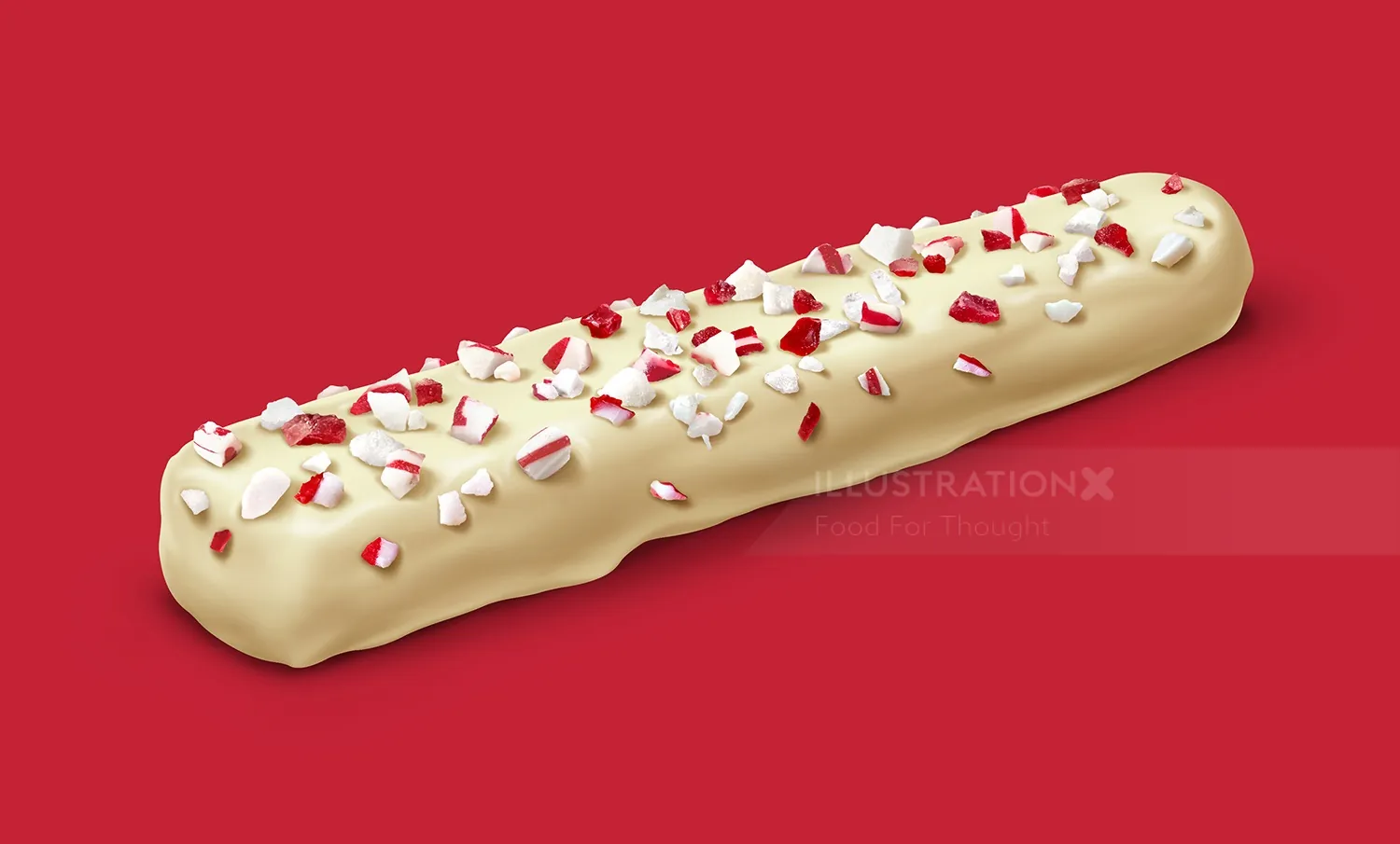 White chocolate peppermint bark bar with crushed candy on red background