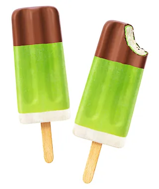 Pear and chocolate ice cream lollies with one partially eaten