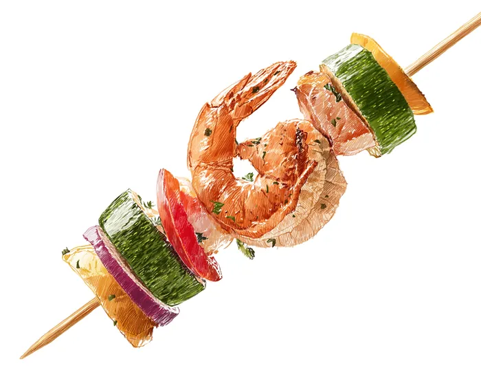 Prawn and vegetable kebab skewer with zucchini, onion and bell pepper
