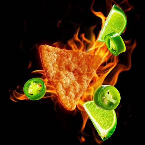 Fiery triangle protein crisp with lime wedges and jalapeno slices