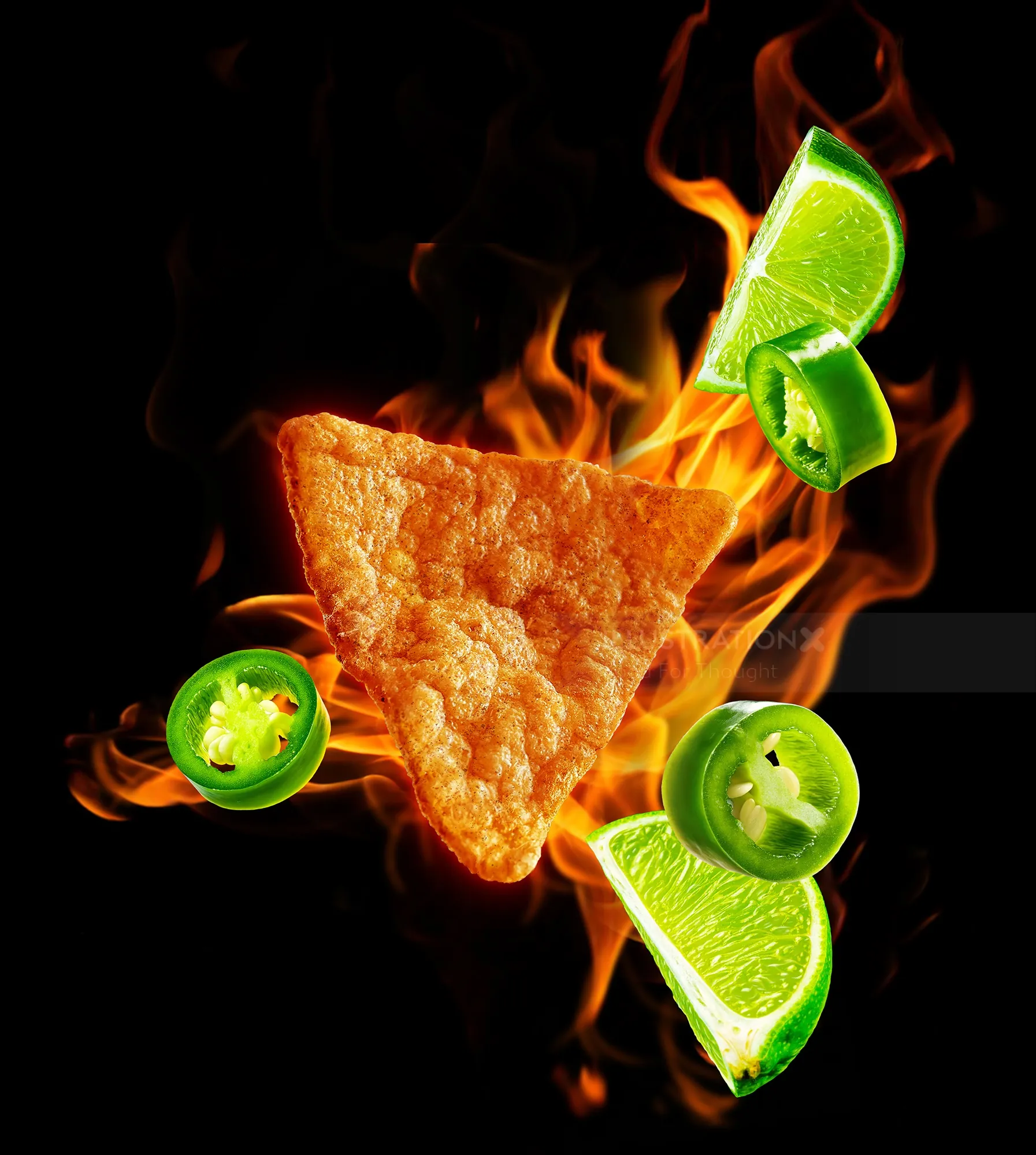 Fiery triangle protein crisp with lime wedges and jalapeno slices