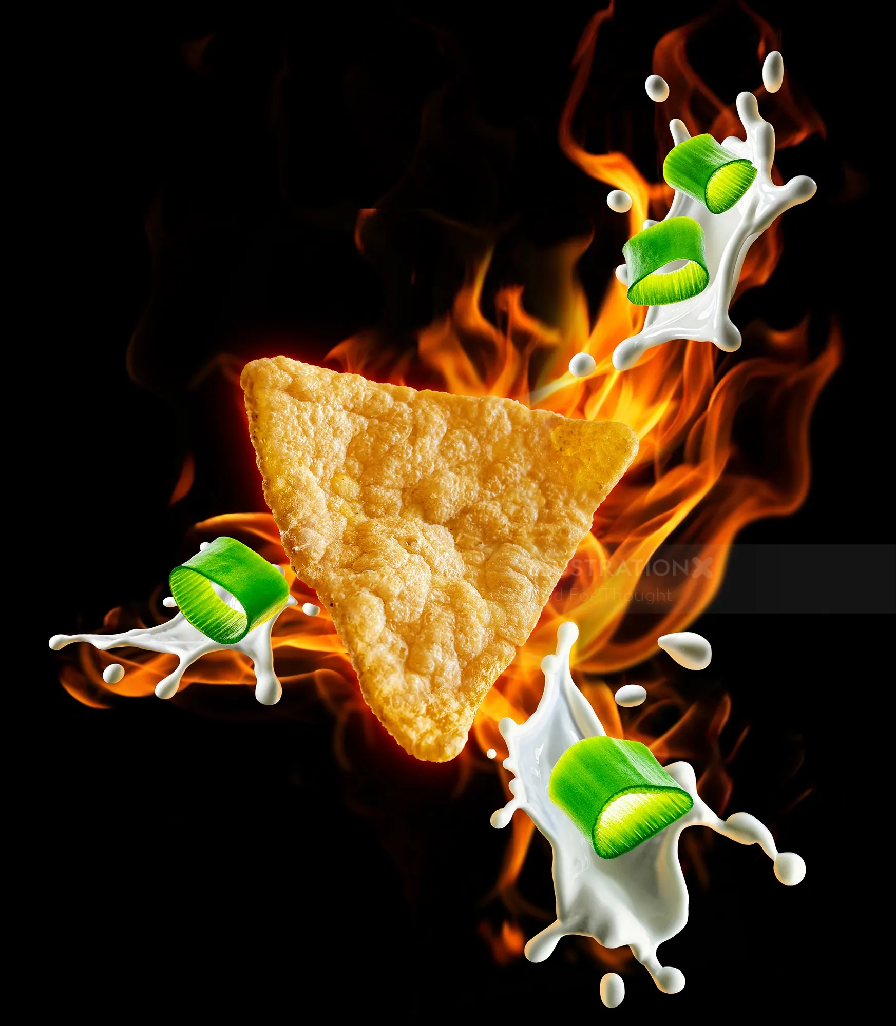 Triangular protein crisp with splashes of milk and green peas on fire