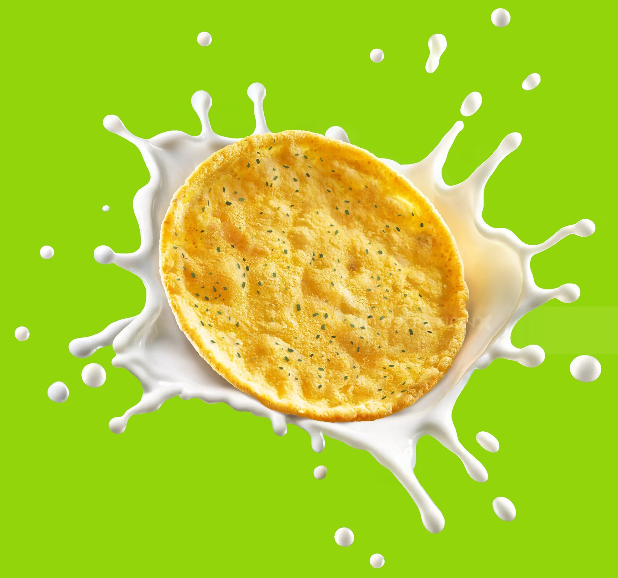Protein crisp snack splashing into white liquid on green background