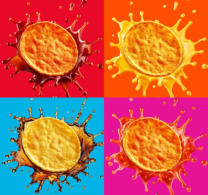 Protein crisps with colorful splash backgrounds in four quadrants