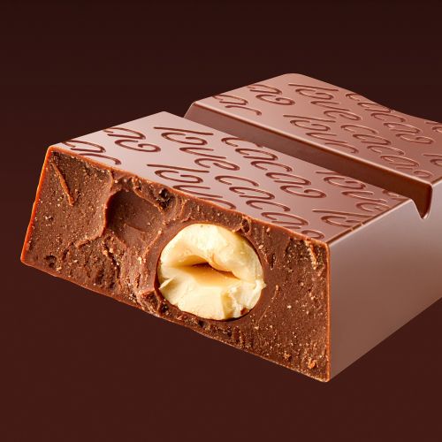 Close-up of Tarragona hazelnut chocolate bar by Food For Thought