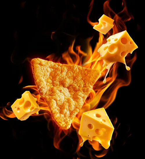 Flavoured protein crisps and cheese cubes with flames by Food For Thought