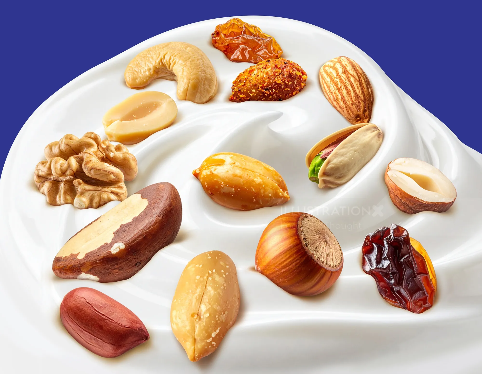 Various nuts arranged on creamy swirled yogurt by Food For Thought