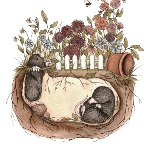 Two moles in underground burrow with flowers and a bee above
